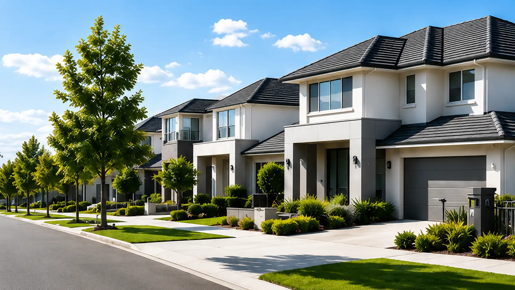 Tree-lined suburban street of modern Australian homes