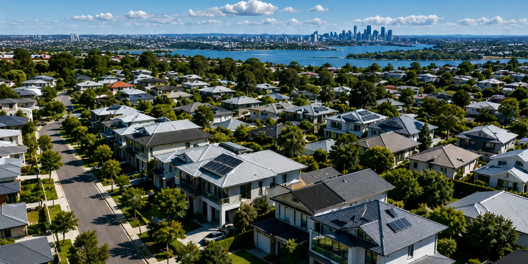 Aerial view of an Australian suburb and city skyline representing Valuations Australia's nationwide coverage