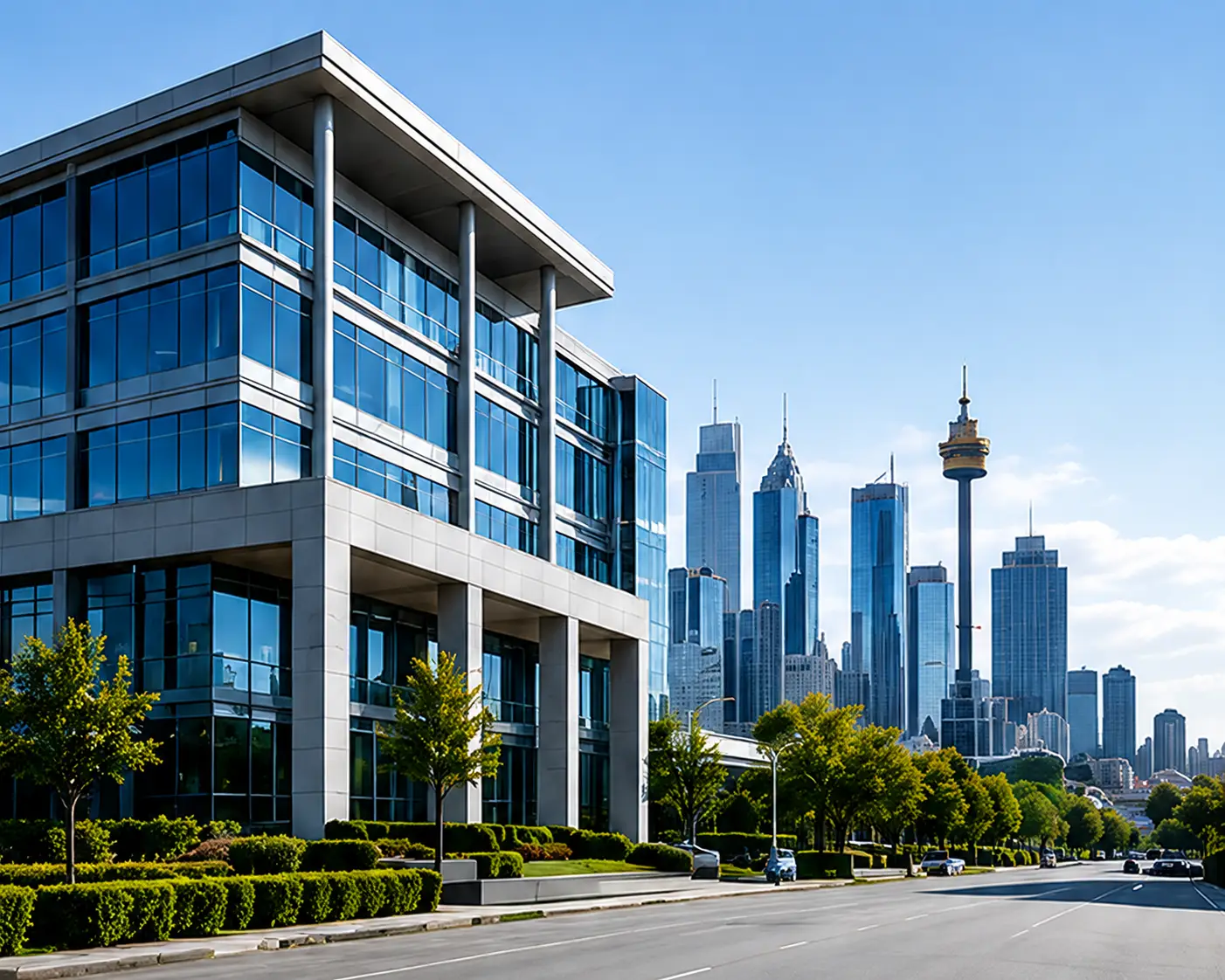 Commercial office building with city skyline representing Valuations Australia's business valuation expertise