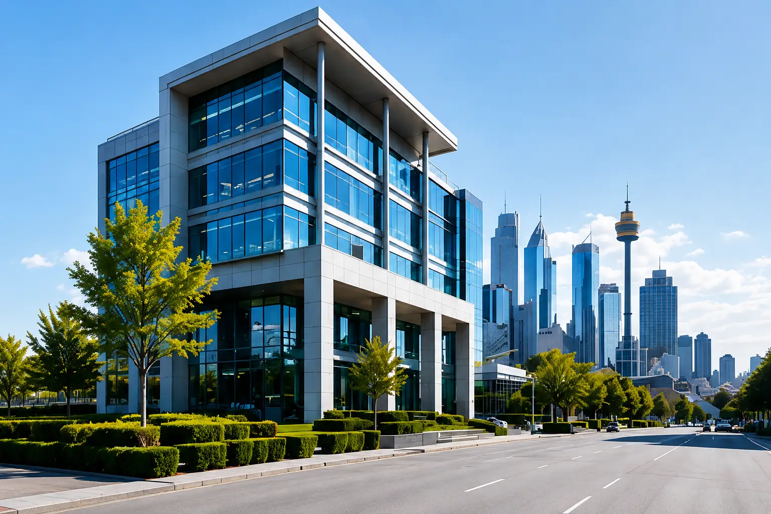 Modern office building with city skyline representing Valuations Australia's contact and enquiry services